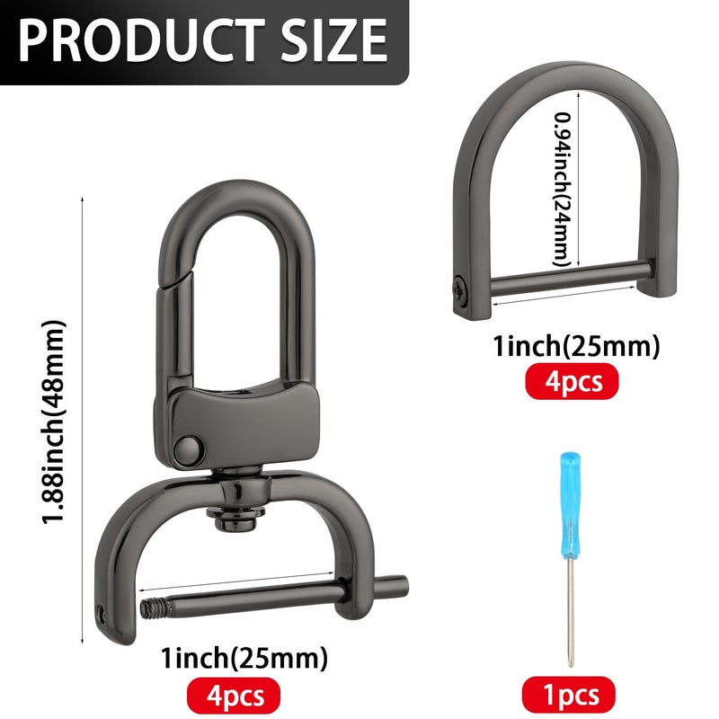 MELORDY 4pcs Detachable Snap Hook Swivel Clasp with 4pcs D-Rings Screw in Shackle for DIY Purse Strap Replacement (Gunmetal,1 inch) - Image 2